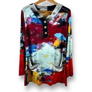 Ubu Women Multi Color‎ Abstract Art Print Bamboo Rayon Henley Tunic Top Size M